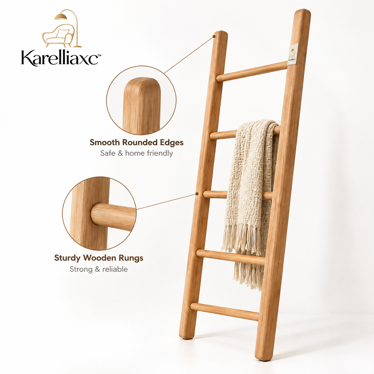Karelliaxc™ Blanket Ladder – Decorative Wooden Leaning Ladder for Blankets, Throws, Towels & Cozy Home Display