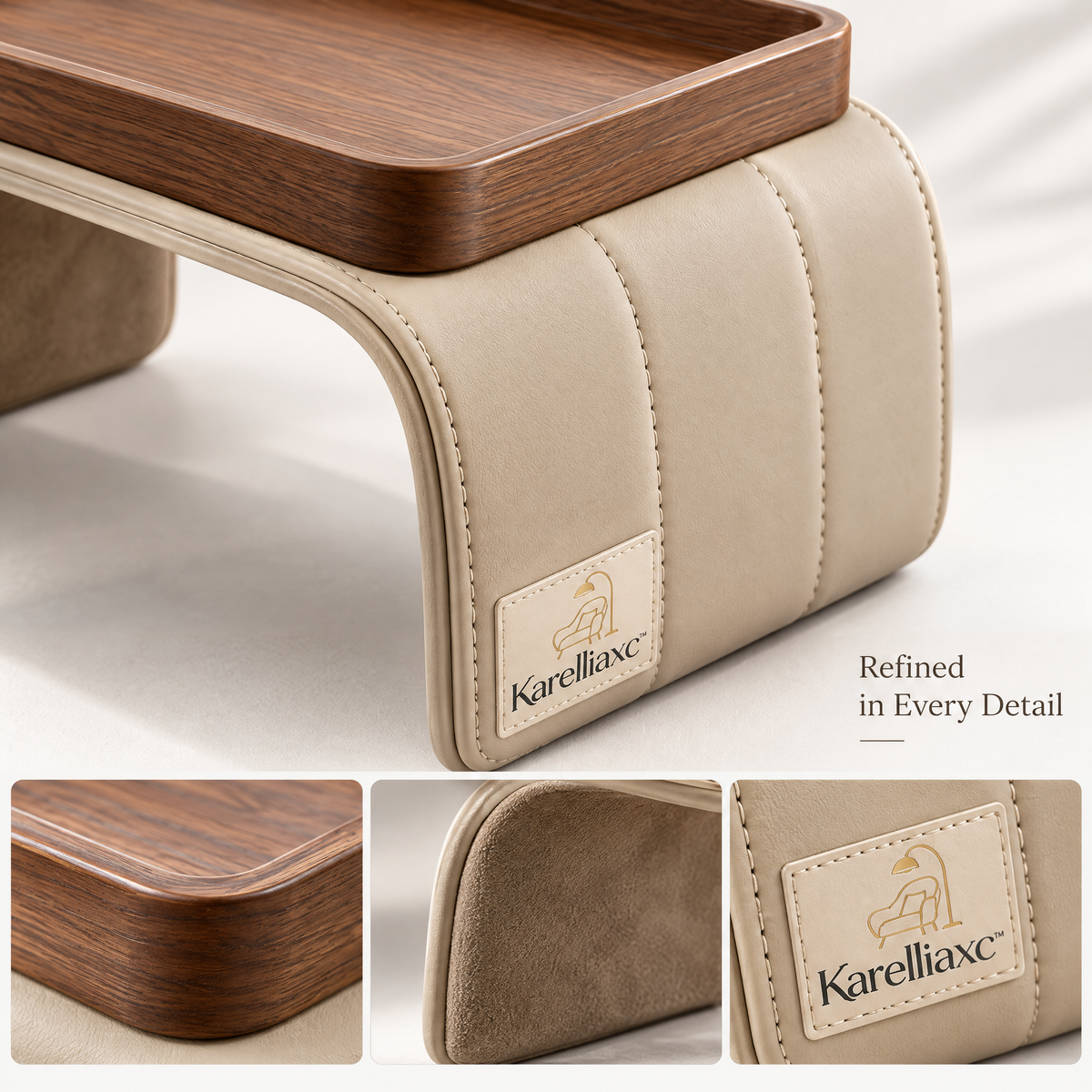 Karelliaxc™ Sofa Armrest Tray – Padded Couch Arm Table with Wooden Serving Surface & Stable Wraparound Design