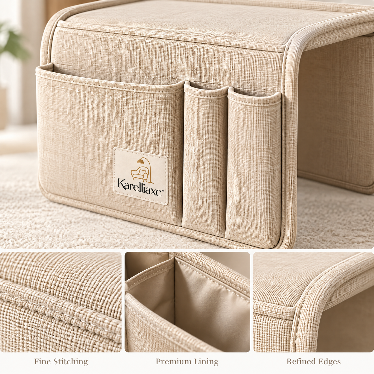 Karelliaxc™ Sofa Armrest Organizer – Hanging Couch Arm Caddy with Tabletop Surface, Multi-Pocket Storage & Space-Saving Design