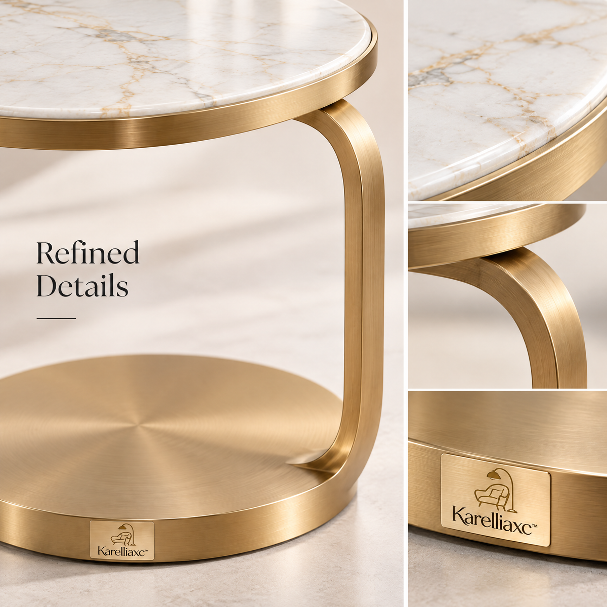 Karelliaxc™ Couch Side Table – C-Shaped Sofa End Table with Round Marble-Look Top, Gold Metal Frame & Space-Saving Design