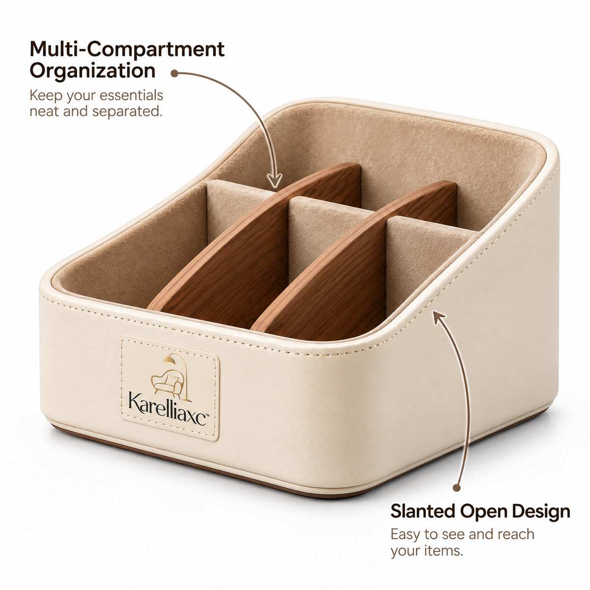 Karelliaxc™ Remote Control Organizer – Multi-Compartment Sofa & Tabletop Storage Caddy with Soft Padded Interior and Wooden Dividers
