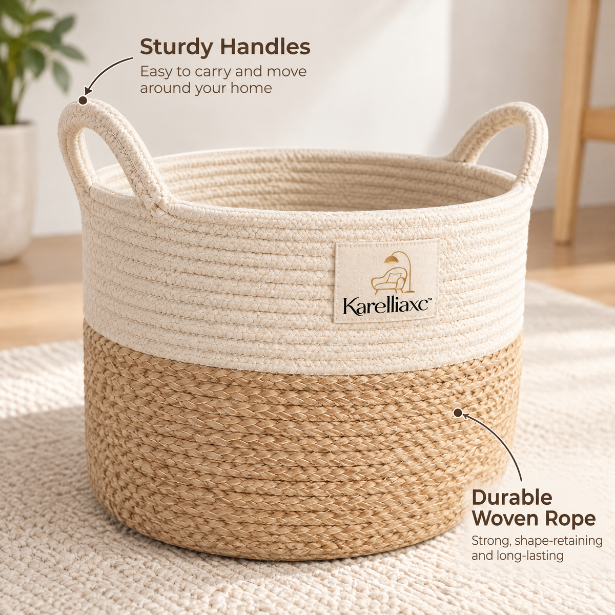 Karelliaxc™ Blanket Storage Basket – Large Woven Living Room Basket with Carry Handles & Soft Two-Tone Design