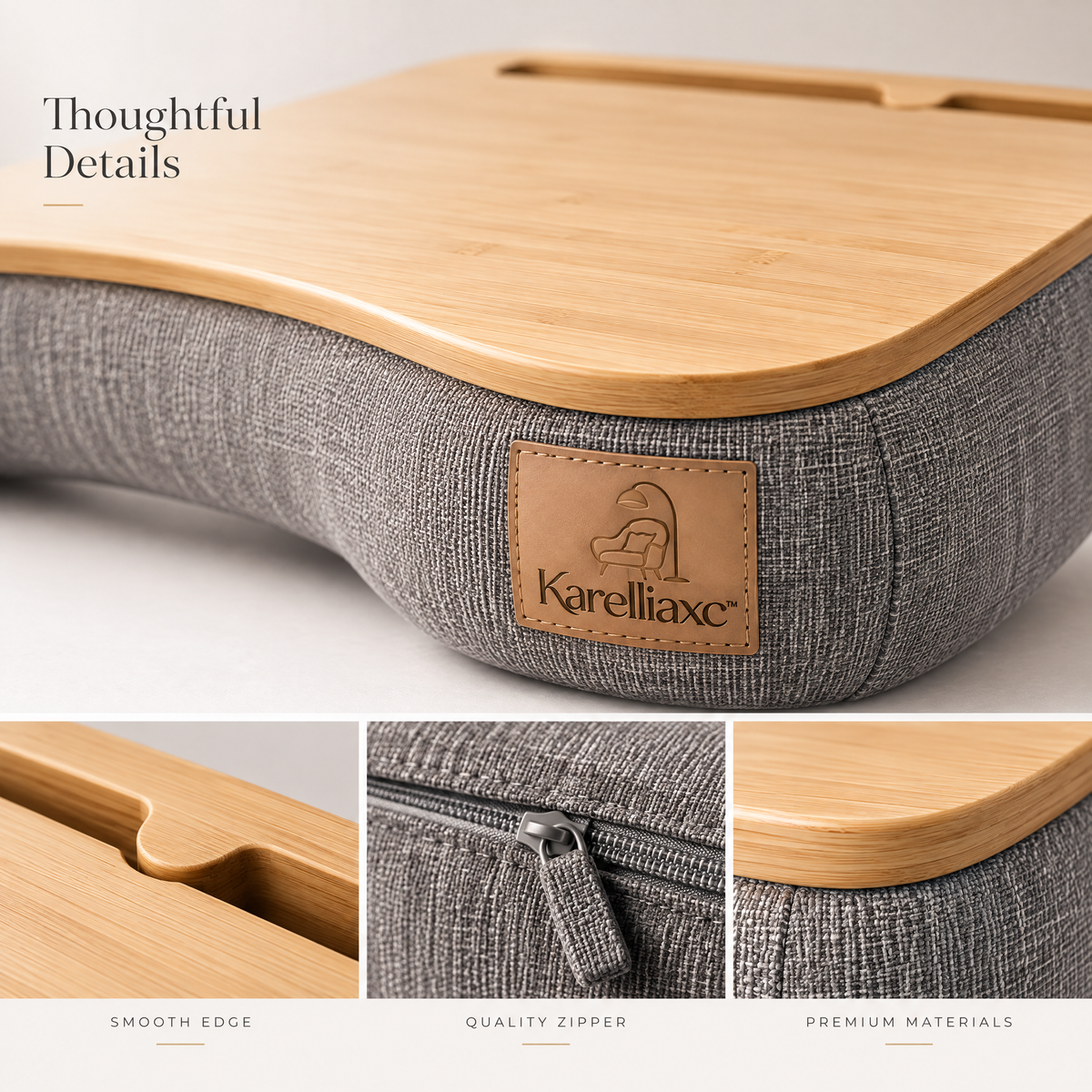 Karelliaxc™ Lap Desk for Sofa – Cushioned Laptop Tray with Bamboo-Look Work Surface, Device Slot & Ergonomic Curved Design