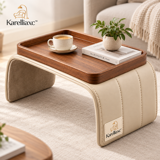 Karelliaxc™ Sofa Armrest Tray – Padded Couch Arm Table with Wooden Serving Surface & Stable Wraparound Design
