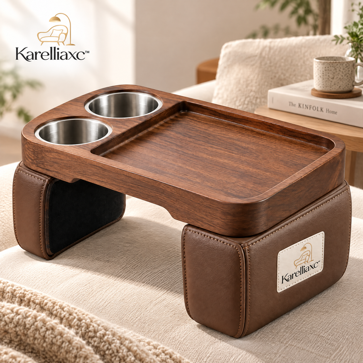 Karelliaxc™ Couch Cup Holder Tray – Padded Sofa Arm Table with Dual Cup Holders, Wooden Serving Surface & Stable Wraparound Design