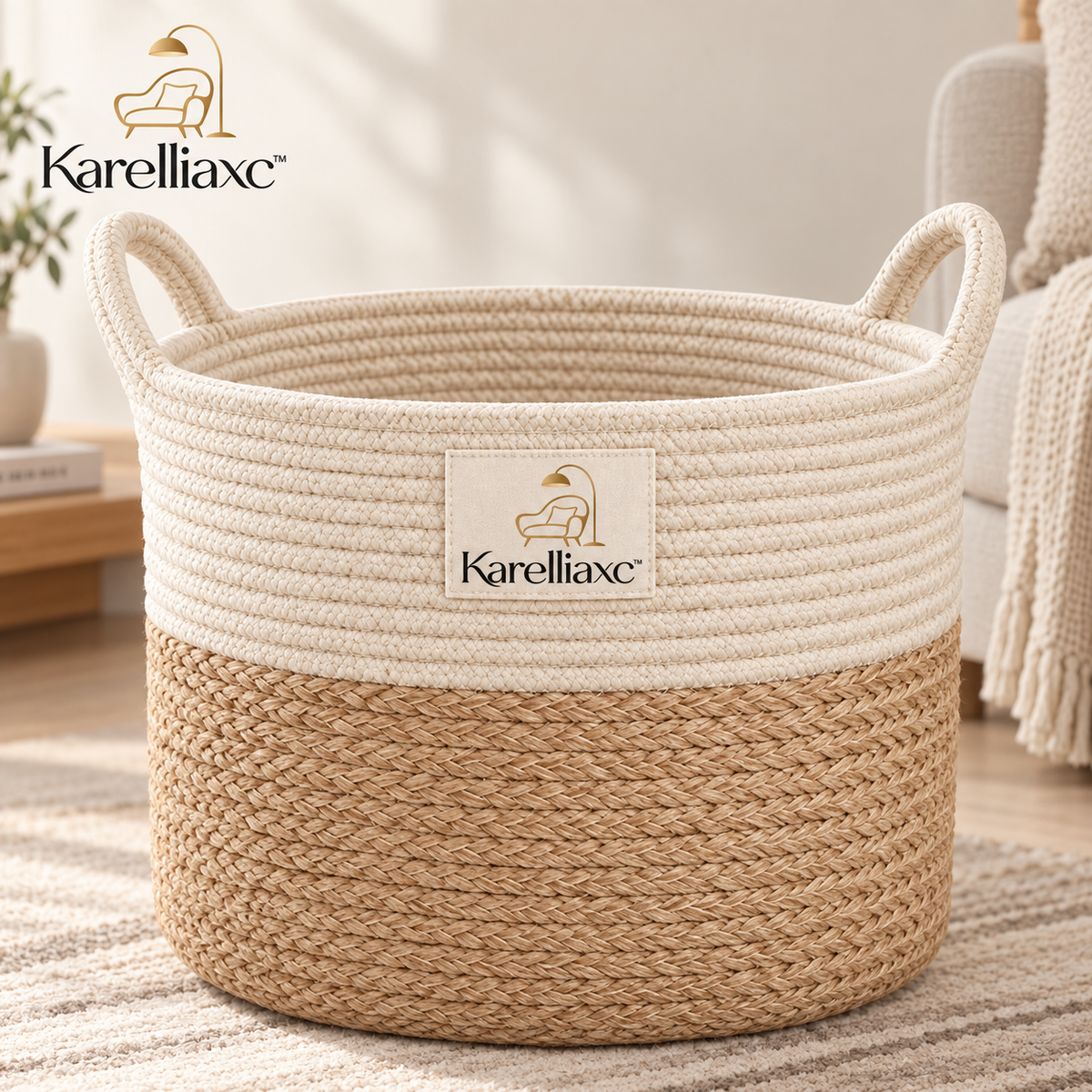 Karelliaxc™ Blanket Storage Basket – Large Woven Living Room Basket with Carry Handles & Soft Two-Tone Design