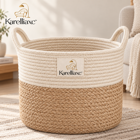 Karelliaxc™ Blanket Storage Basket – Large Woven Living Room Basket with Carry Handles & Soft Two-Tone Design