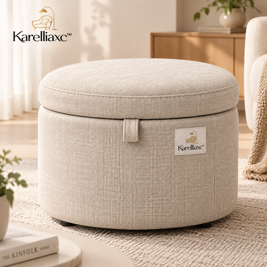 Karelliaxc™ Ottoman Footrest – Upholstered Round Foot Stool with Cushioned Top, Hidden Storage & Cozy Living Room Design