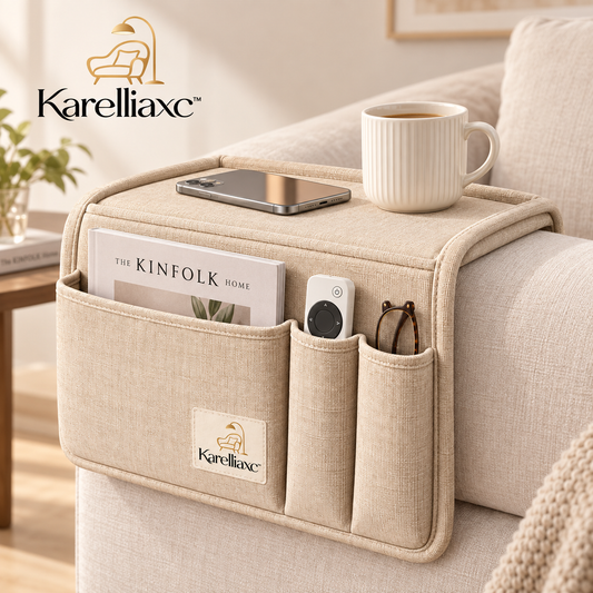 Karelliaxc™ Sofa Armrest Organizer – Hanging Couch Arm Caddy with Tabletop Surface, Multi-Pocket Storage & Space-Saving Design