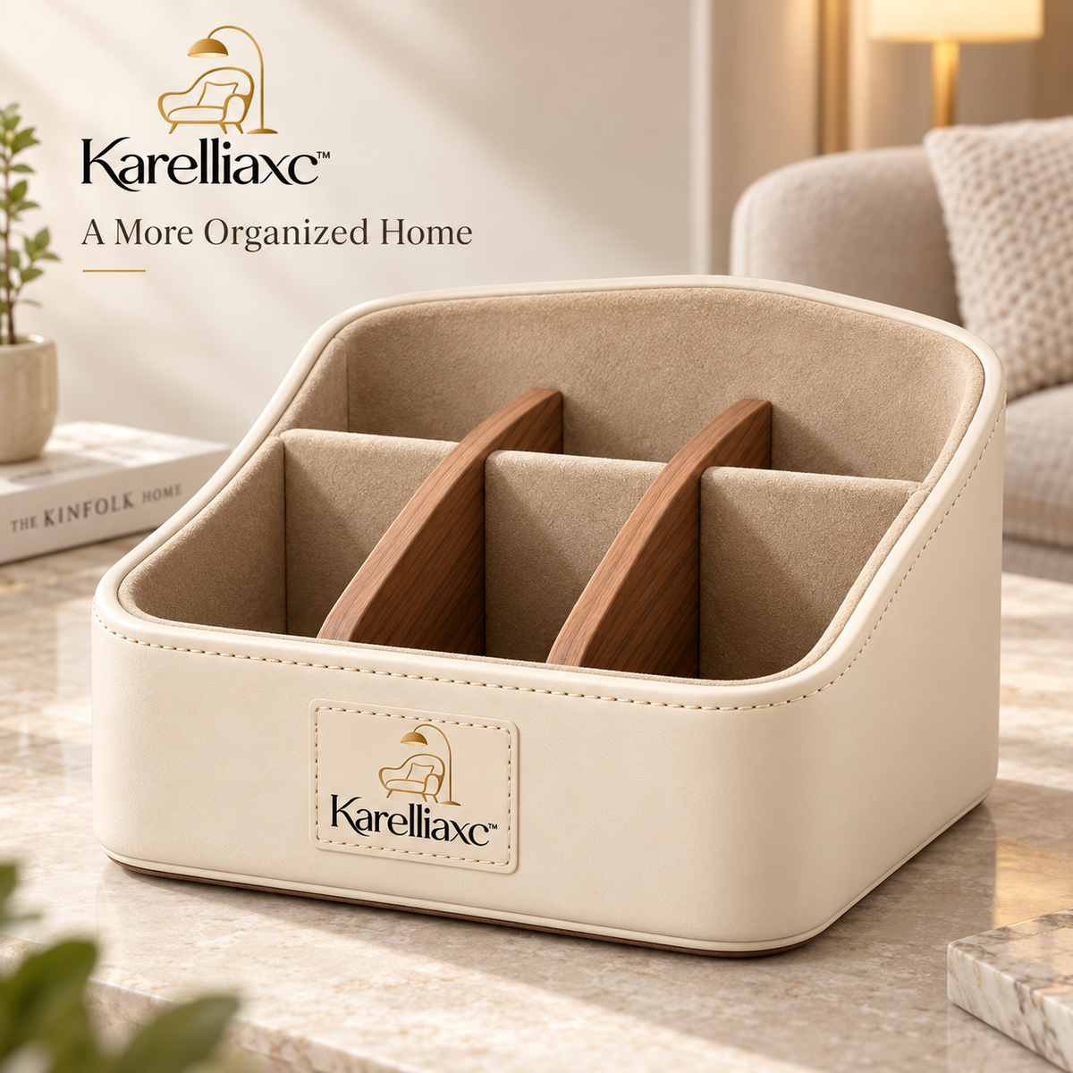 Karelliaxc™ Remote Control Organizer – Multi-Compartment Sofa & Tabletop Storage Caddy with Soft Padded Interior and Wooden Dividers
