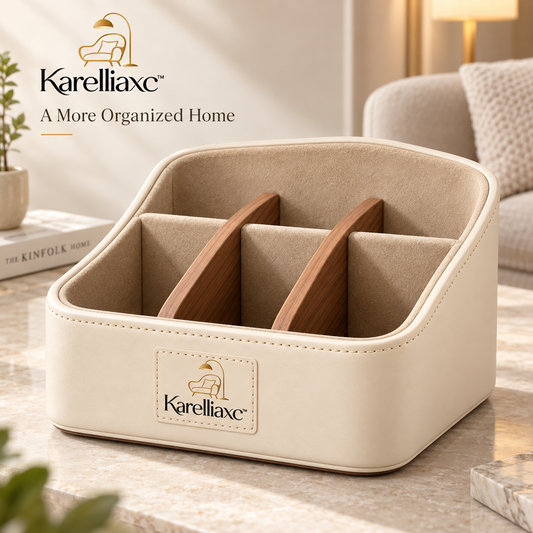 Karelliaxc™ Remote Control Organizer – Multi-Compartment Sofa & Tabletop Storage Caddy with Soft Padded Interior and Wooden Dividers