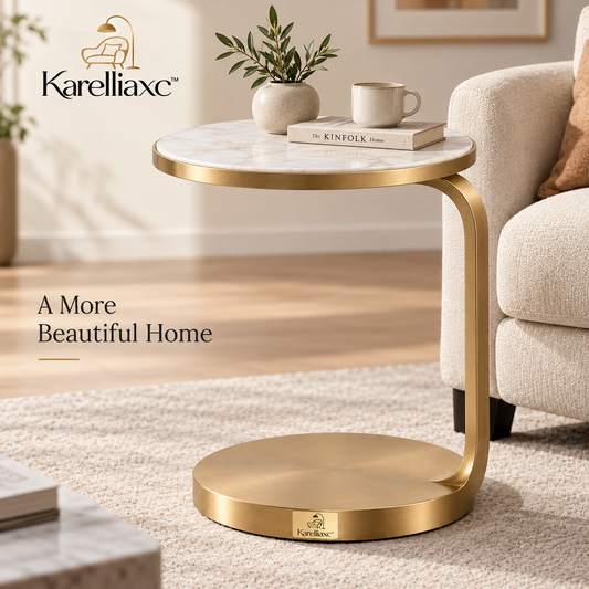 Karelliaxc™ Couch Side Table – C-Shaped Sofa End Table with Round Marble-Look Top, Gold Metal Frame & Space-Saving Design