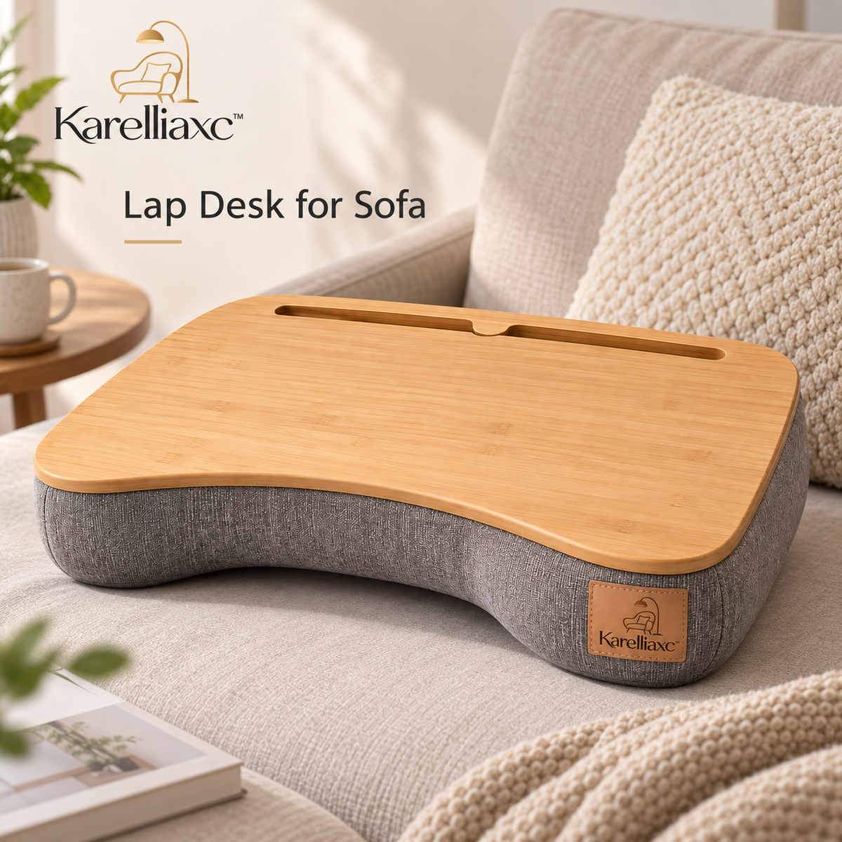 Karelliaxc™ Lap Desk for Sofa – Cushioned Laptop Tray with Bamboo-Look Work Surface, Device Slot & Ergonomic Curved Design