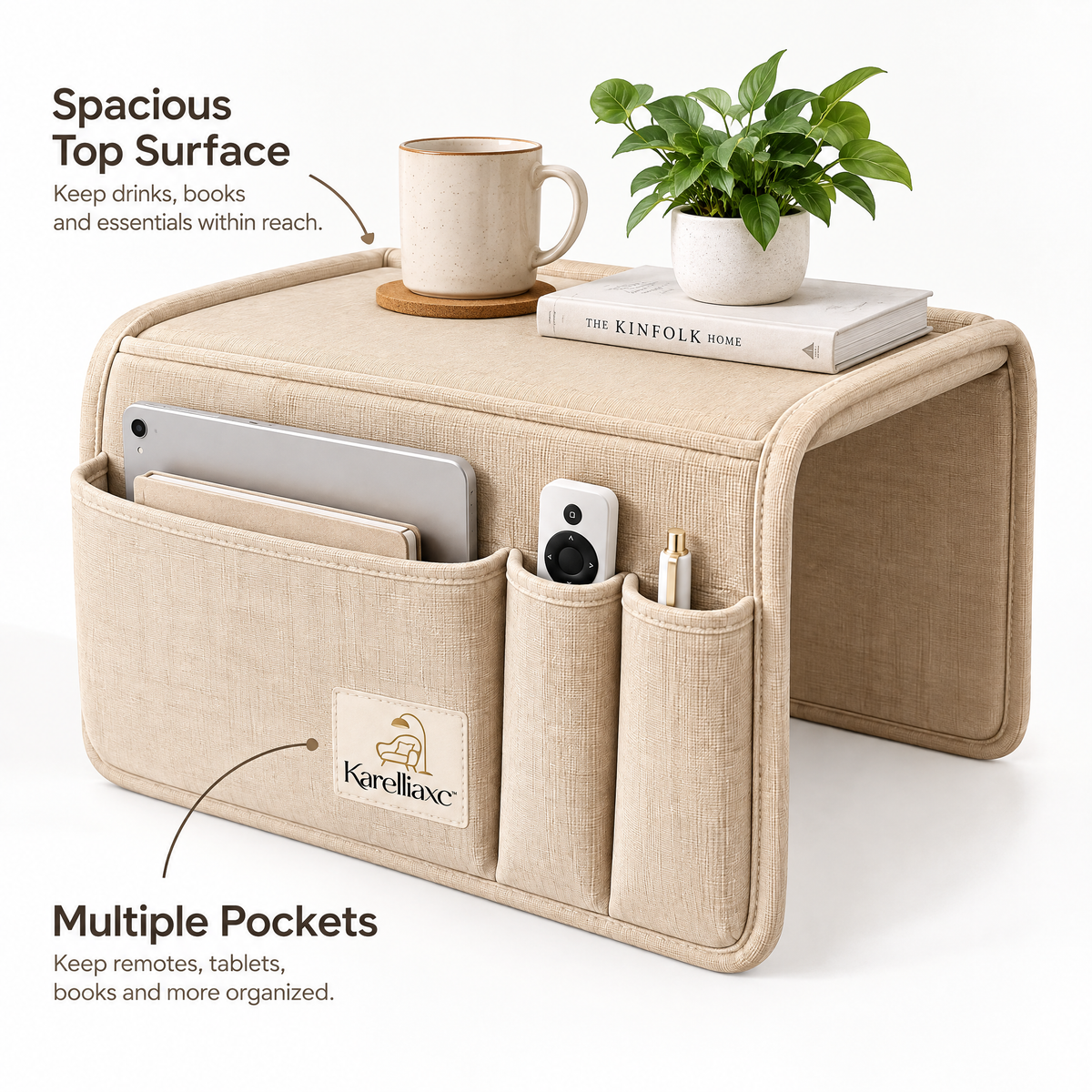 Karelliaxc™ Sofa Armrest Organizer – Hanging Couch Arm Caddy with Tabletop Surface, Multi-Pocket Storage & Space-Saving Design