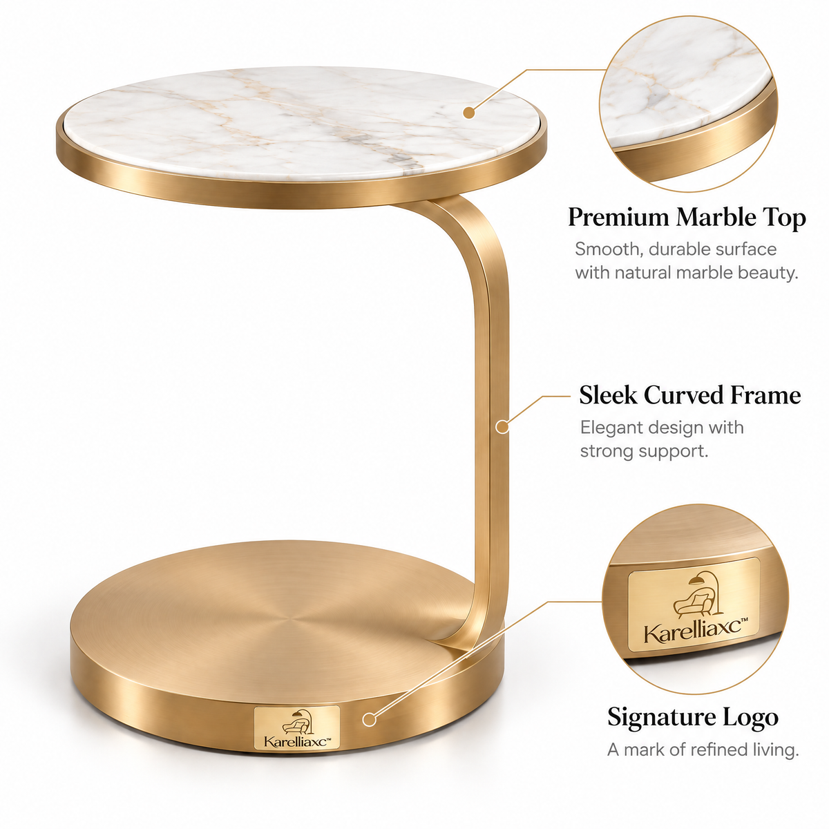 Karelliaxc™ Couch Side Table – C-Shaped Sofa End Table with Round Marble-Look Top, Gold Metal Frame & Space-Saving Design