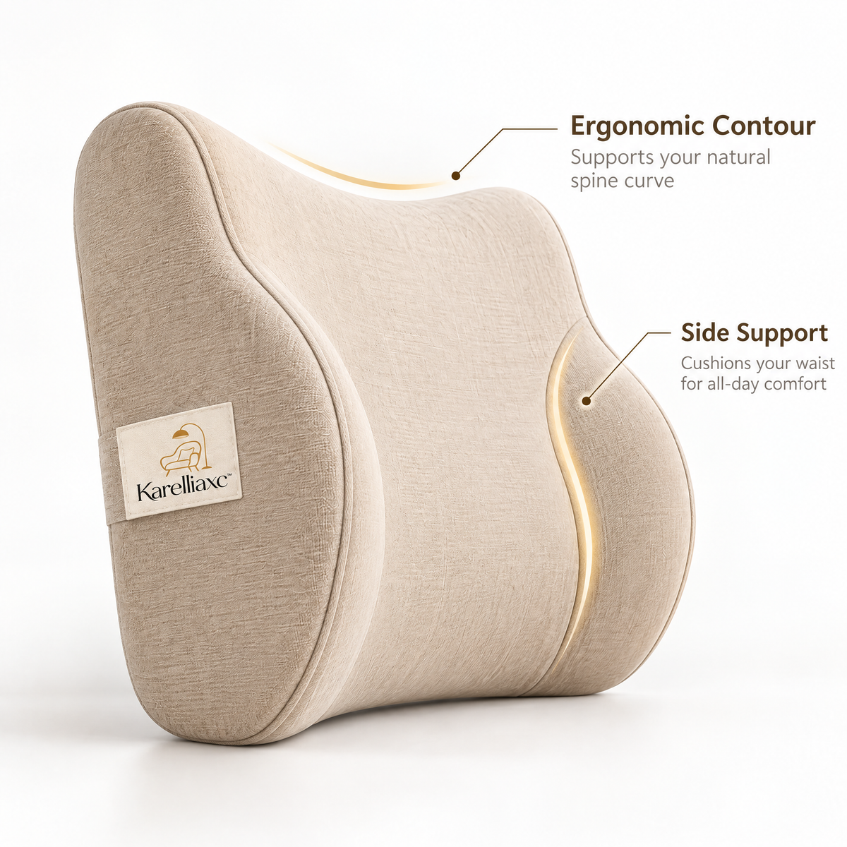 Karelliaxc™ Lumbar Support Cushion – Ergonomic Back Pillow with Side Bolster Support & Soft Upholstered Comfort