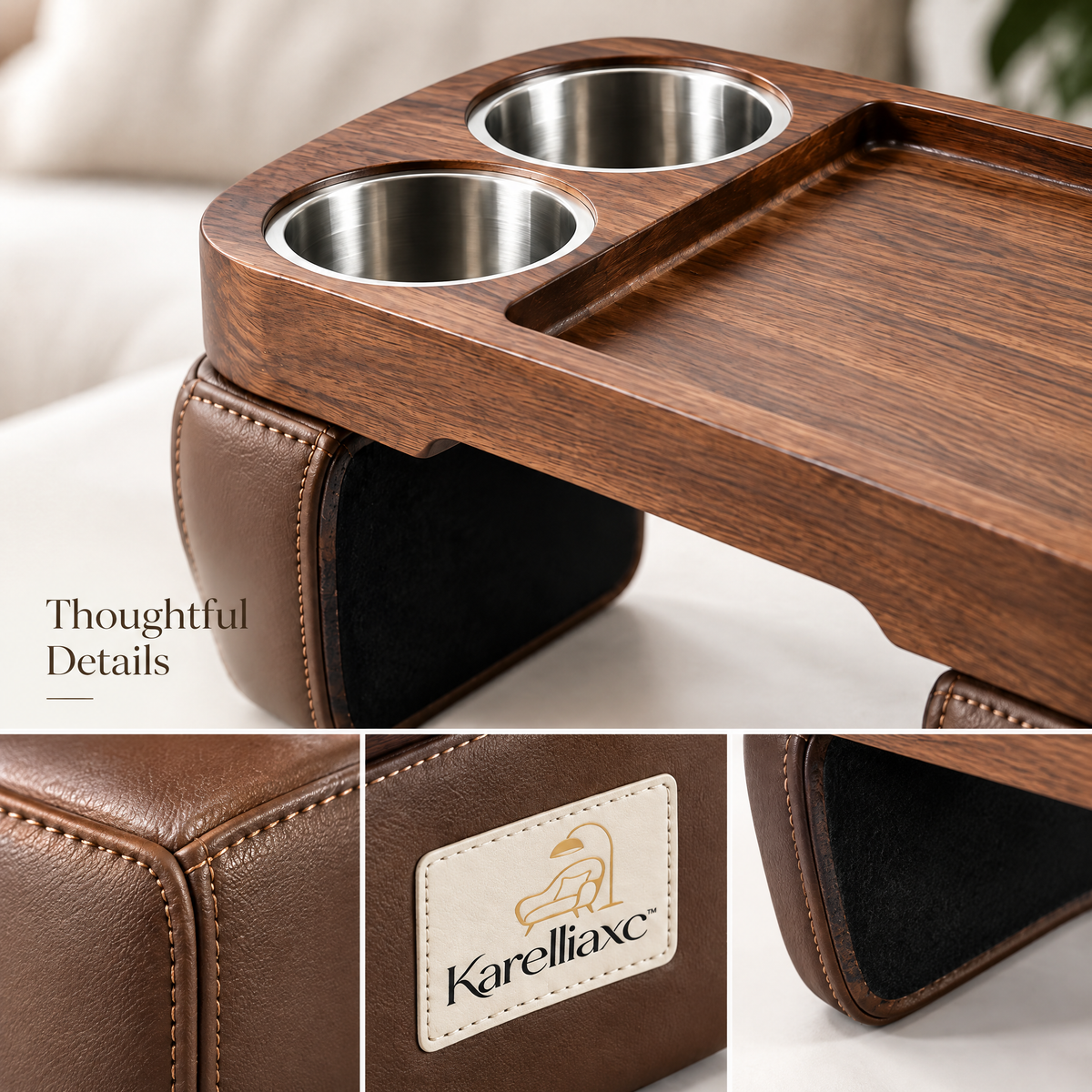 Karelliaxc™ Couch Cup Holder Tray – Padded Sofa Arm Table with Dual Cup Holders, Wooden Serving Surface & Stable Wraparound Design