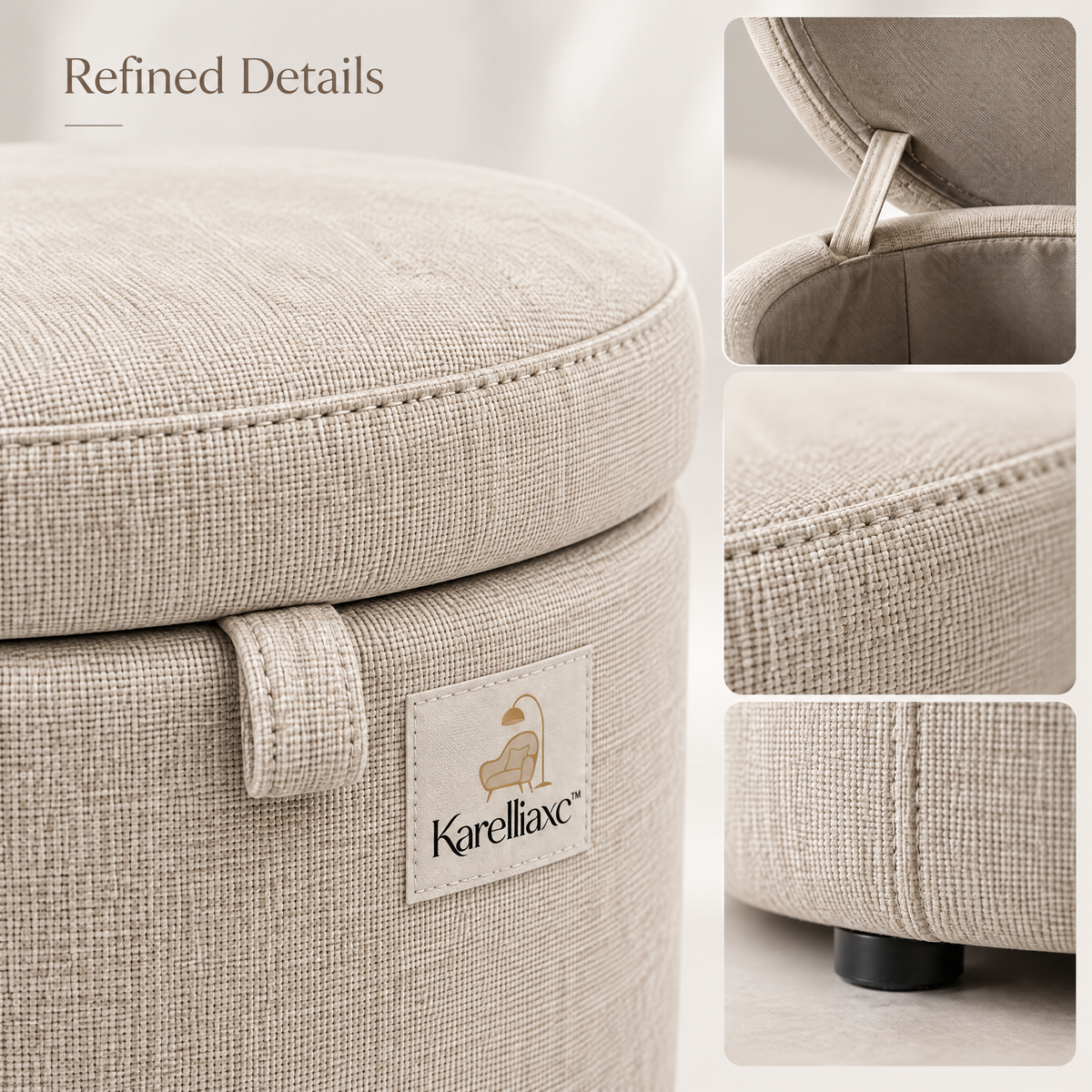 Karelliaxc™ Ottoman Footrest – Upholstered Round Foot Stool with Cushioned Top, Hidden Storage & Cozy Living Room Design
