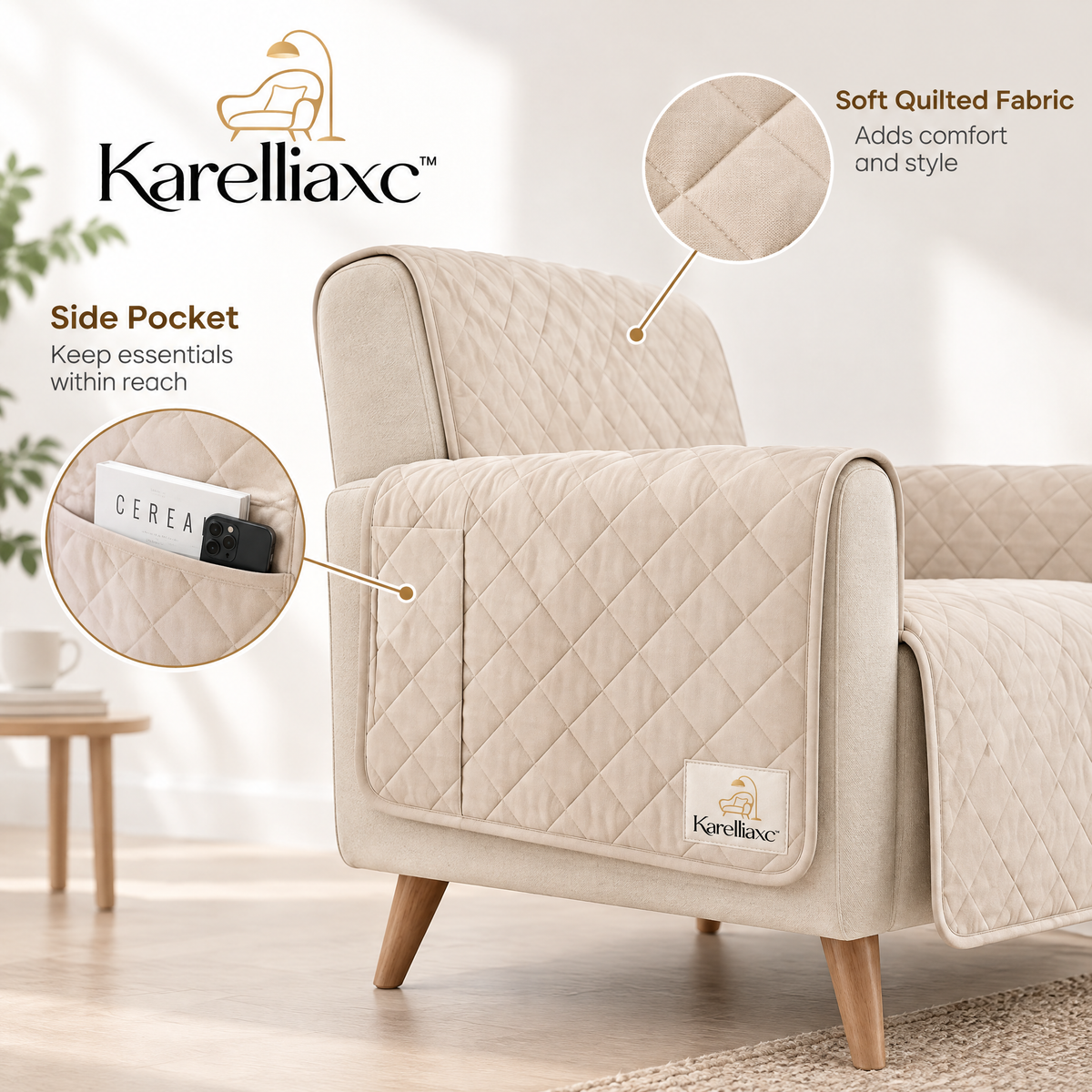 Karelliaxc™ Sofa Protective Cover – Quilted Armchair Protector with Full Seat, Backrest & Armrest Coverage