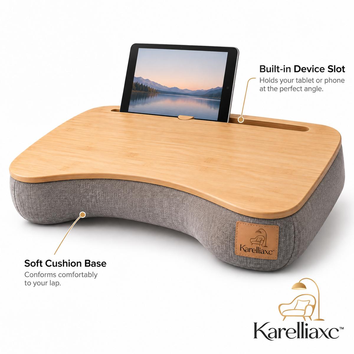 Karelliaxc™ Lap Desk for Sofa – Cushioned Laptop Tray with Bamboo-Look Work Surface, Device Slot & Ergonomic Curved Design