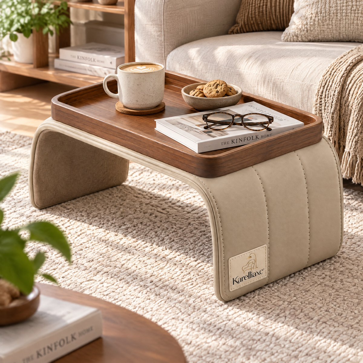 Karelliaxc™ Sofa Armrest Tray – Padded Couch Arm Table with Wooden Serving Surface & Stable Wraparound Design