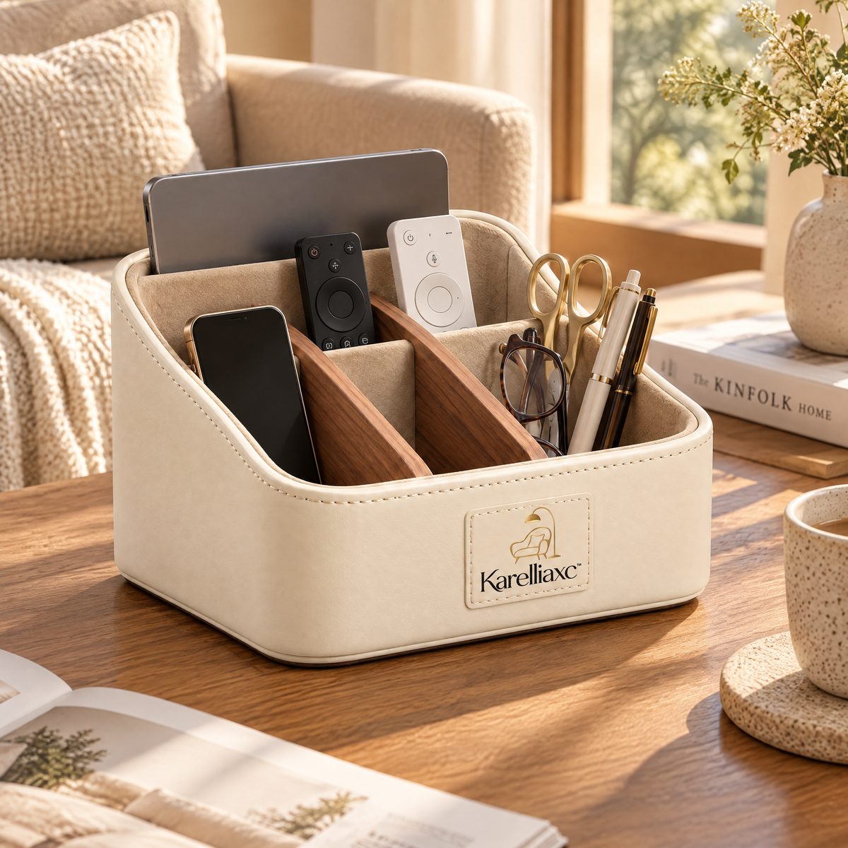 Karelliaxc™ Remote Control Organizer – Multi-Compartment Sofa & Tabletop Storage Caddy with Soft Padded Interior and Wooden Dividers