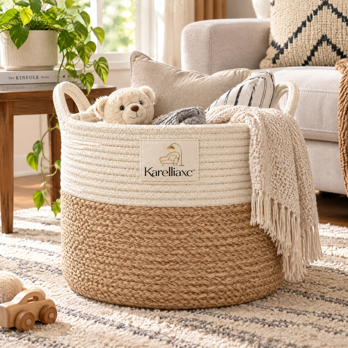 Karelliaxc™ Blanket Storage Basket – Large Woven Living Room Basket with Carry Handles & Soft Two-Tone Design
