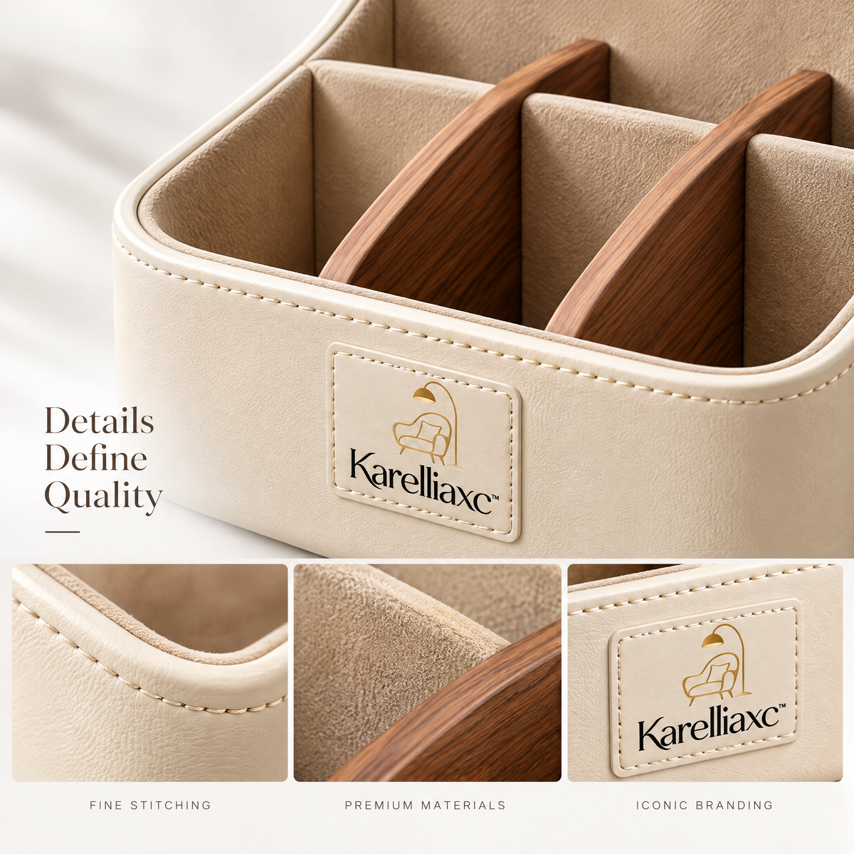 Karelliaxc™ Remote Control Organizer – Multi-Compartment Sofa & Tabletop Storage Caddy with Soft Padded Interior and Wooden Dividers