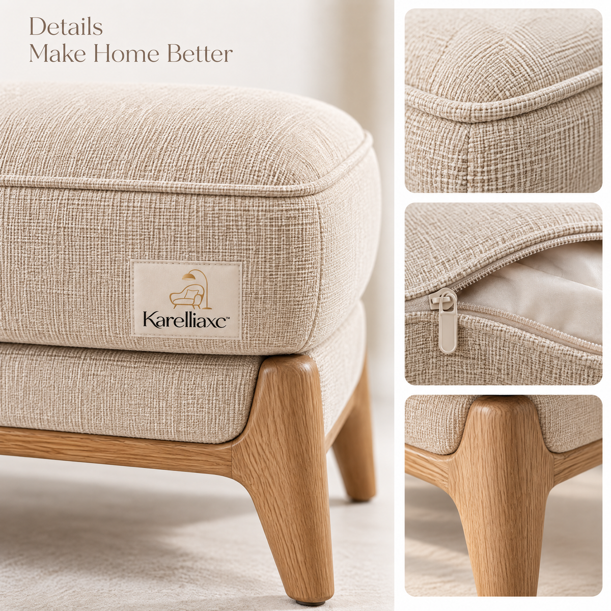 Karelliaxc™ Storage Ottoman – Upholstered Footrest with Hidden Storage, Cushioned Top & Wooden Base