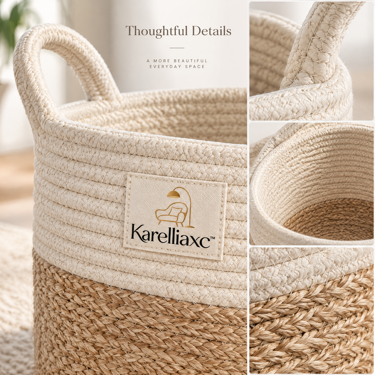 Karelliaxc™ Blanket Storage Basket – Large Woven Living Room Basket with Carry Handles & Soft Two-Tone Design