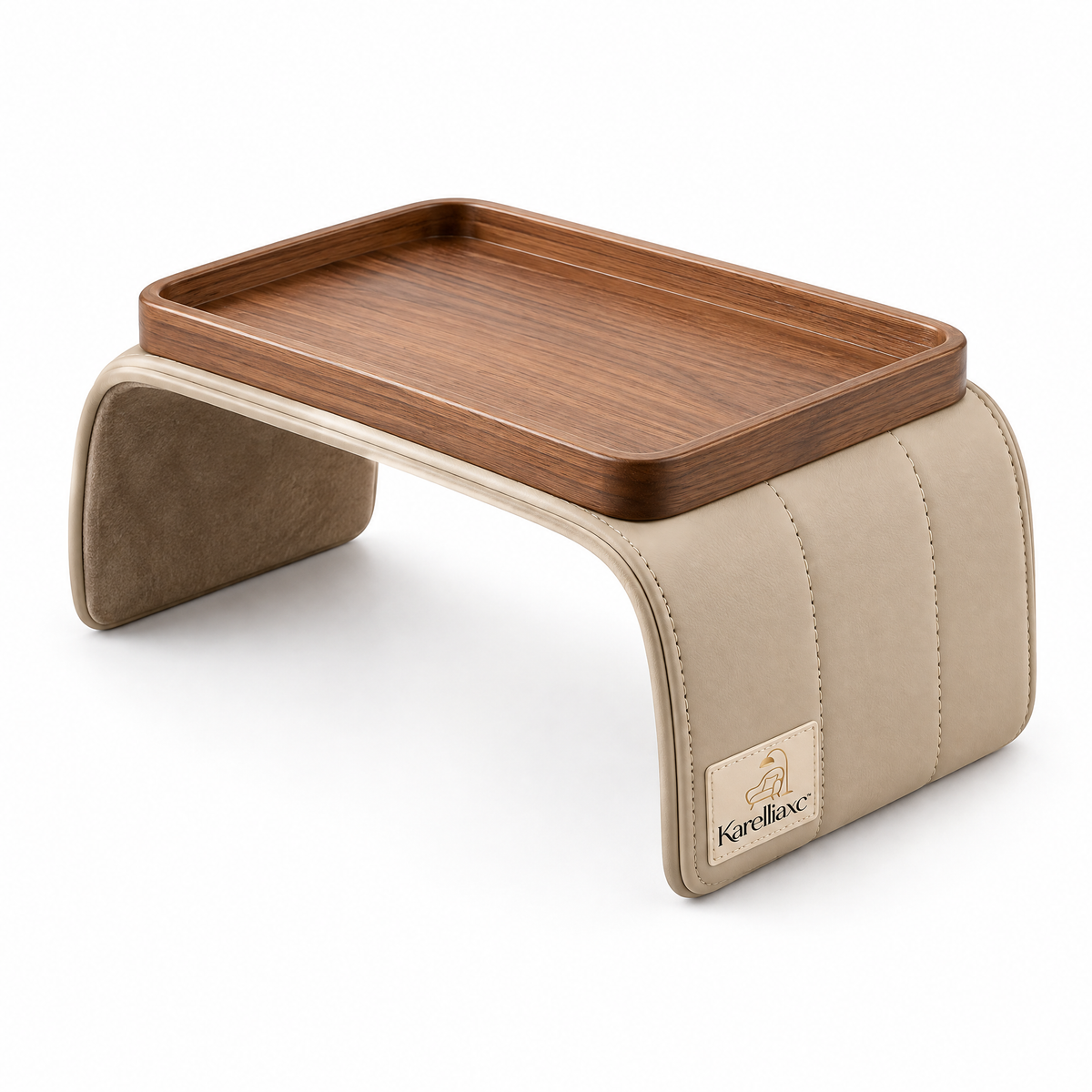 Karelliaxc™ Sofa Armrest Tray – Padded Couch Arm Table with Wooden Serving Surface & Stable Wraparound Design