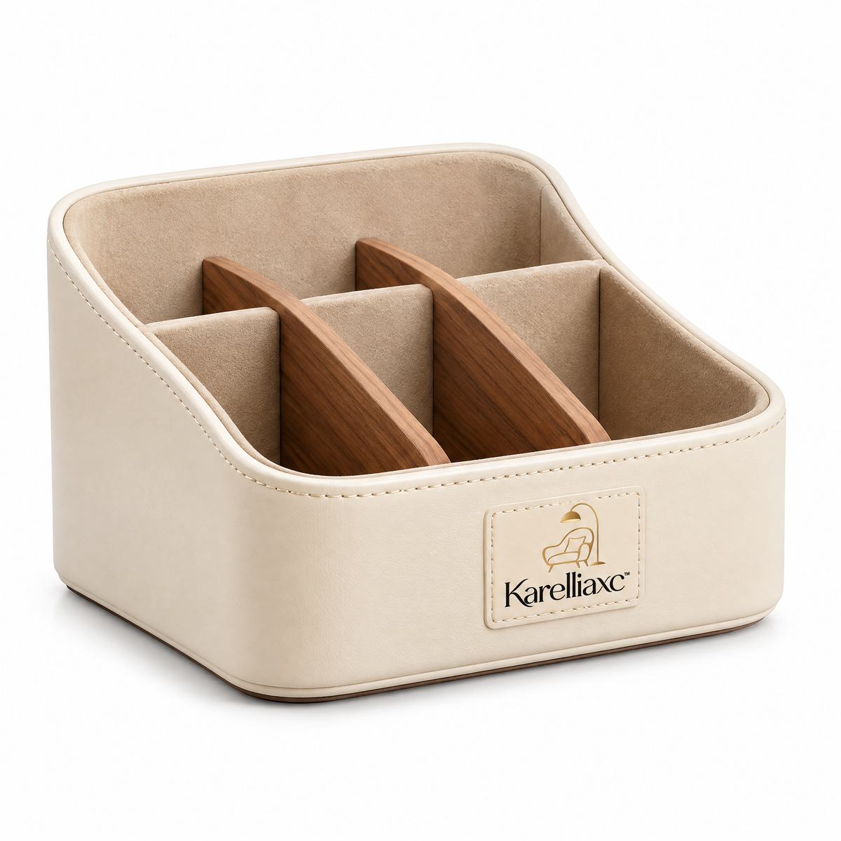 Karelliaxc™ Remote Control Organizer – Multi-Compartment Sofa & Tabletop Storage Caddy with Soft Padded Interior and Wooden Dividers