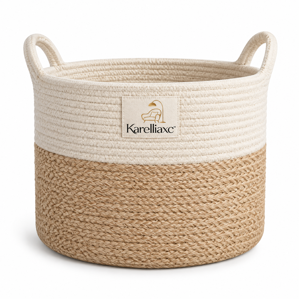 Karelliaxc™ Blanket Storage Basket – Large Woven Living Room Basket with Carry Handles & Soft Two-Tone Design