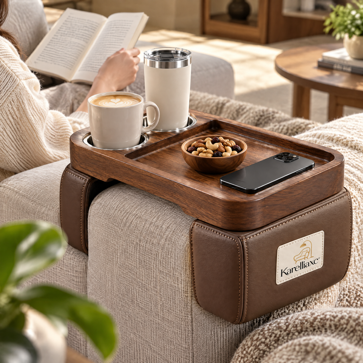 Karelliaxc™ Couch Cup Holder Tray – Padded Sofa Arm Table with Dual Cup Holders, Wooden Serving Surface & Stable Wraparound Design