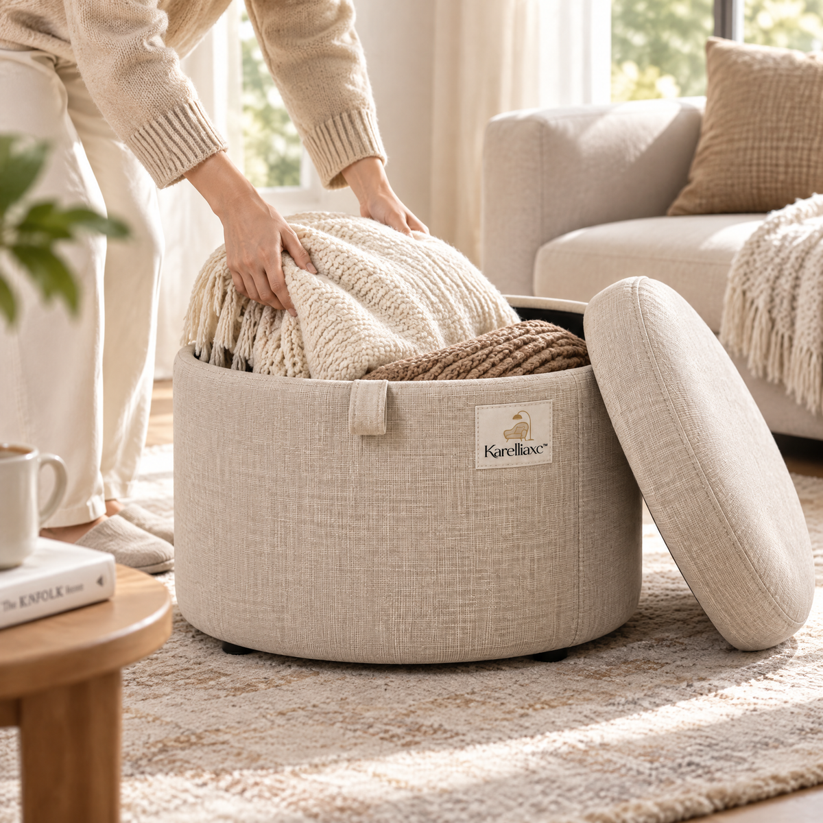 Karelliaxc™ Ottoman Footrest – Upholstered Round Foot Stool with Cushioned Top, Hidden Storage & Cozy Living Room Design