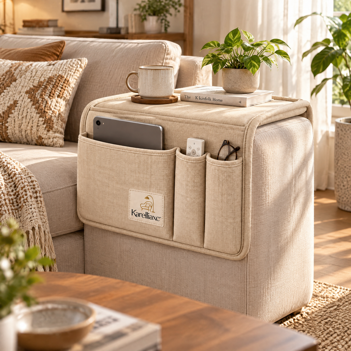 Karelliaxc™ Sofa Armrest Organizer – Hanging Couch Arm Caddy with Tabletop Surface, Multi-Pocket Storage & Space-Saving Design
