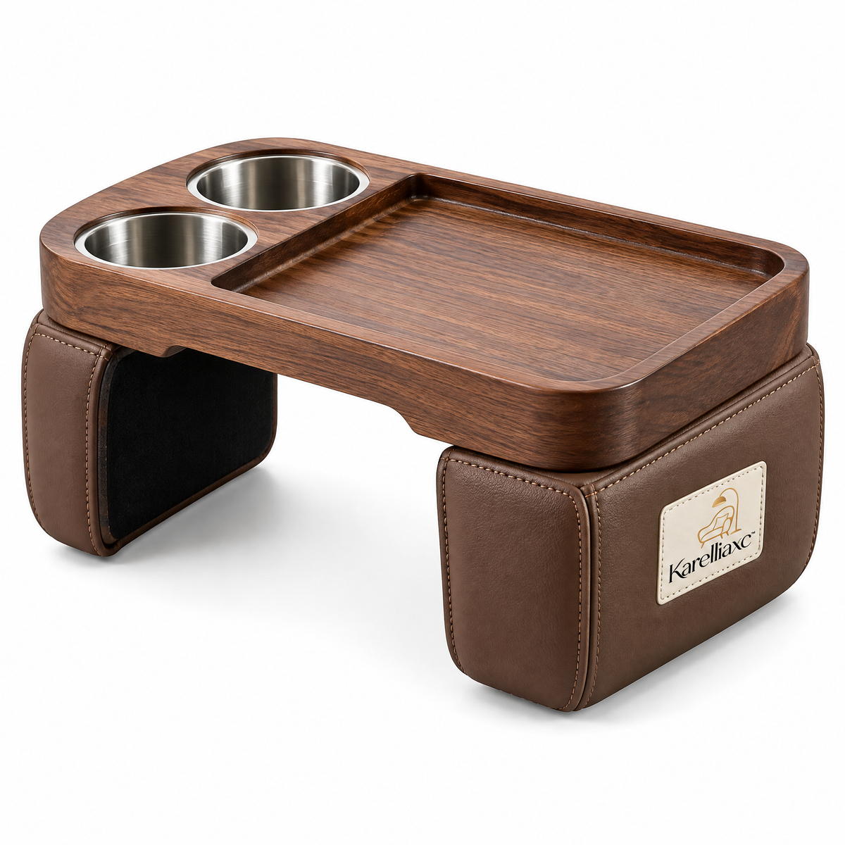 Karelliaxc™ Couch Cup Holder Tray – Padded Sofa Arm Table with Dual Cup Holders, Wooden Serving Surface & Stable Wraparound Design
