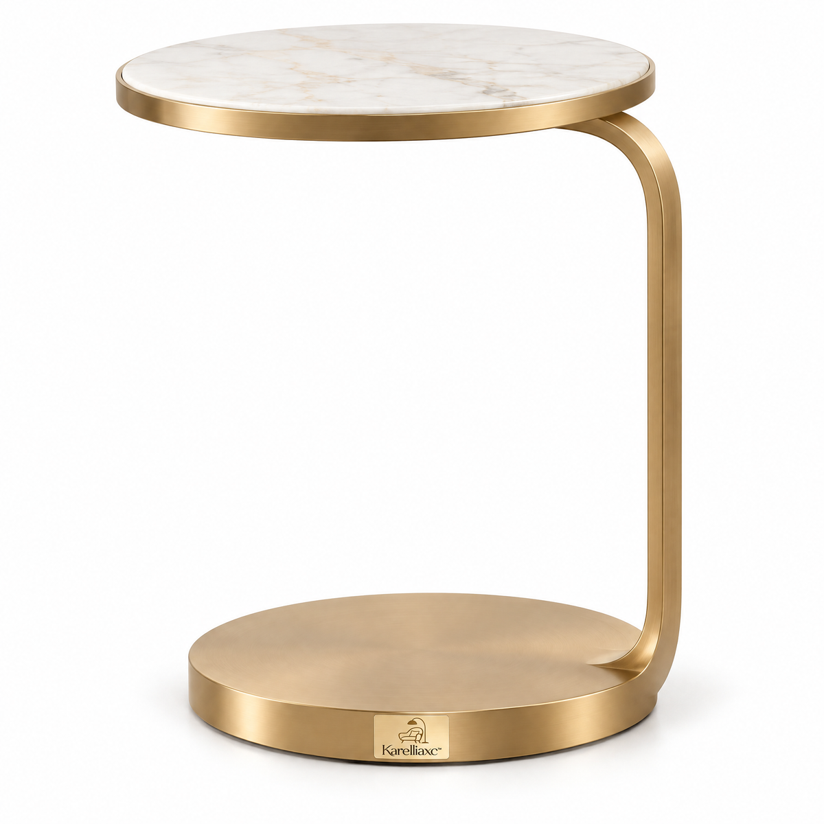 Karelliaxc™ Couch Side Table – C-Shaped Sofa End Table with Round Marble-Look Top, Gold Metal Frame & Space-Saving Design