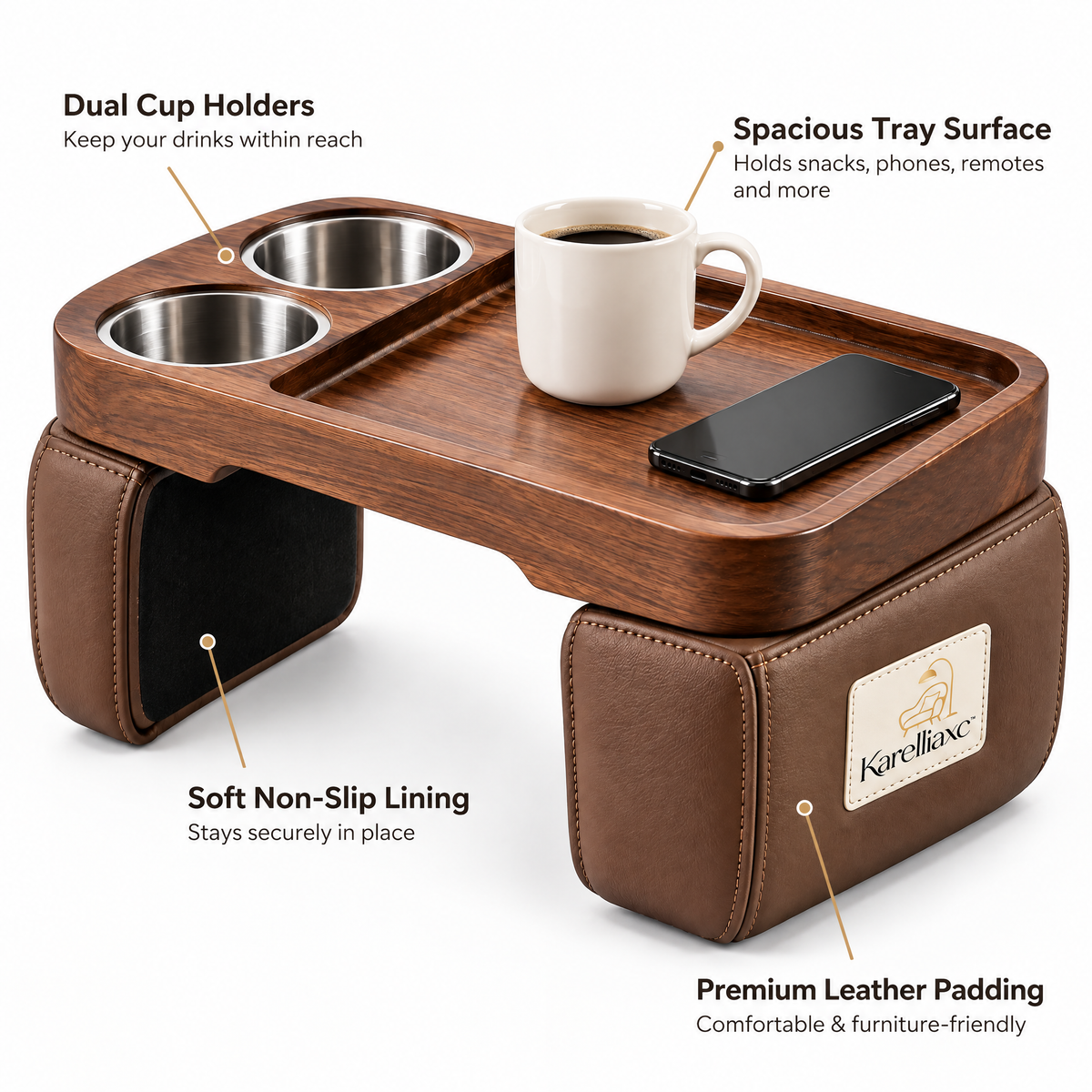 Karelliaxc™ Couch Cup Holder Tray – Padded Sofa Arm Table with Dual Cup Holders, Wooden Serving Surface & Stable Wraparound Design
