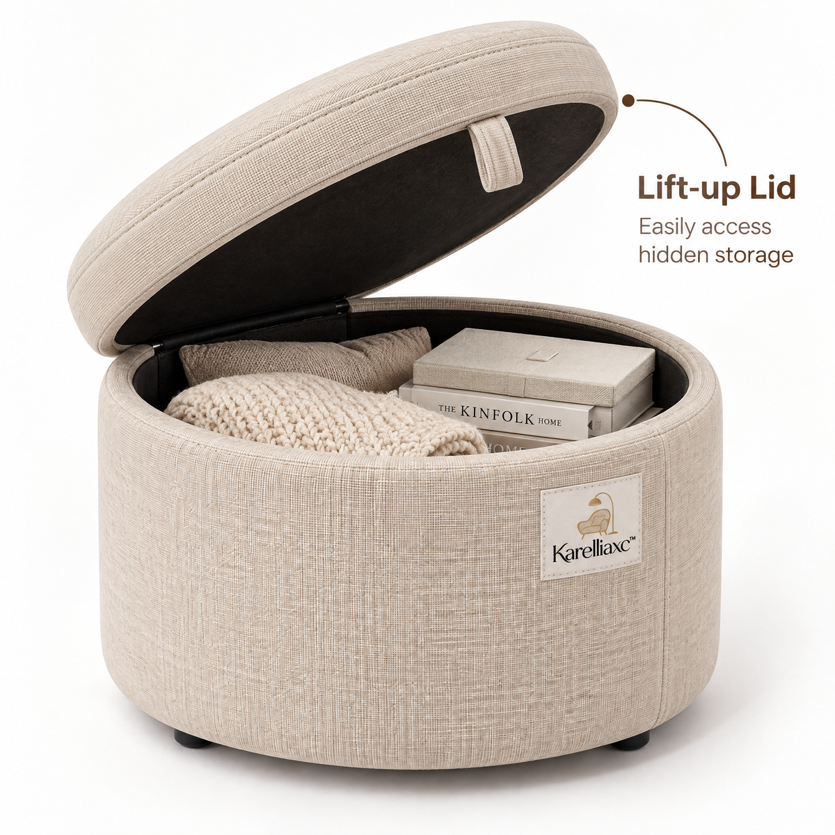 Karelliaxc™ Ottoman Footrest – Upholstered Round Foot Stool with Cushioned Top, Hidden Storage & Cozy Living Room Design
