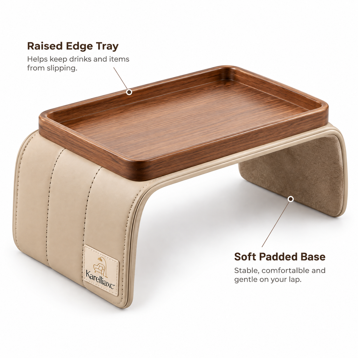 Karelliaxc™ Sofa Armrest Tray – Padded Couch Arm Table with Wooden Serving Surface & Stable Wraparound Design