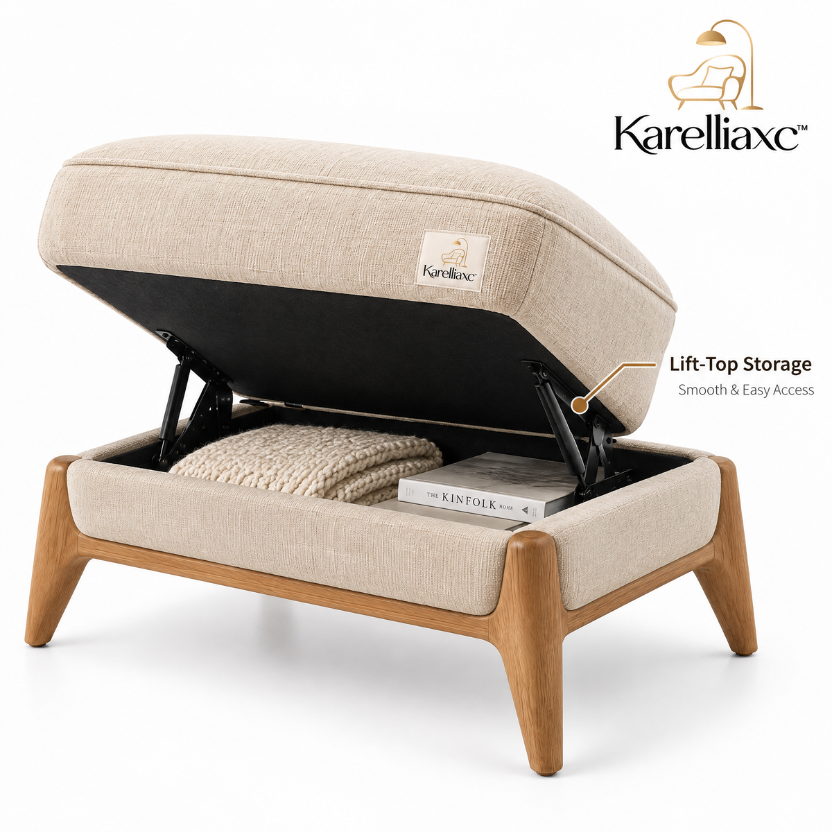 Karelliaxc™ Storage Ottoman – Upholstered Footrest with Hidden Storage, Cushioned Top & Wooden Base