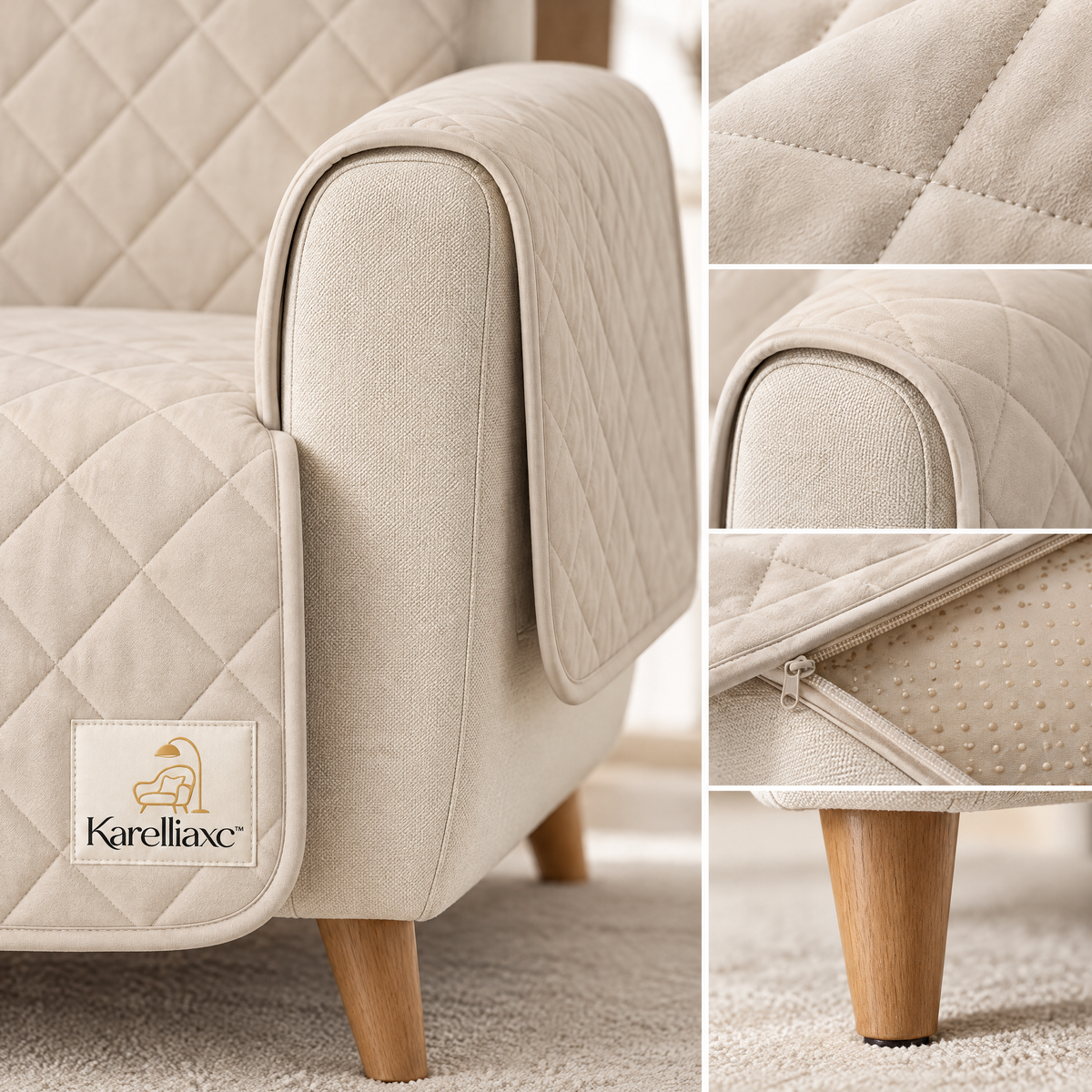 Karelliaxc™ Sofa Protective Cover – Quilted Armchair Protector with Full Seat, Backrest & Armrest Coverage