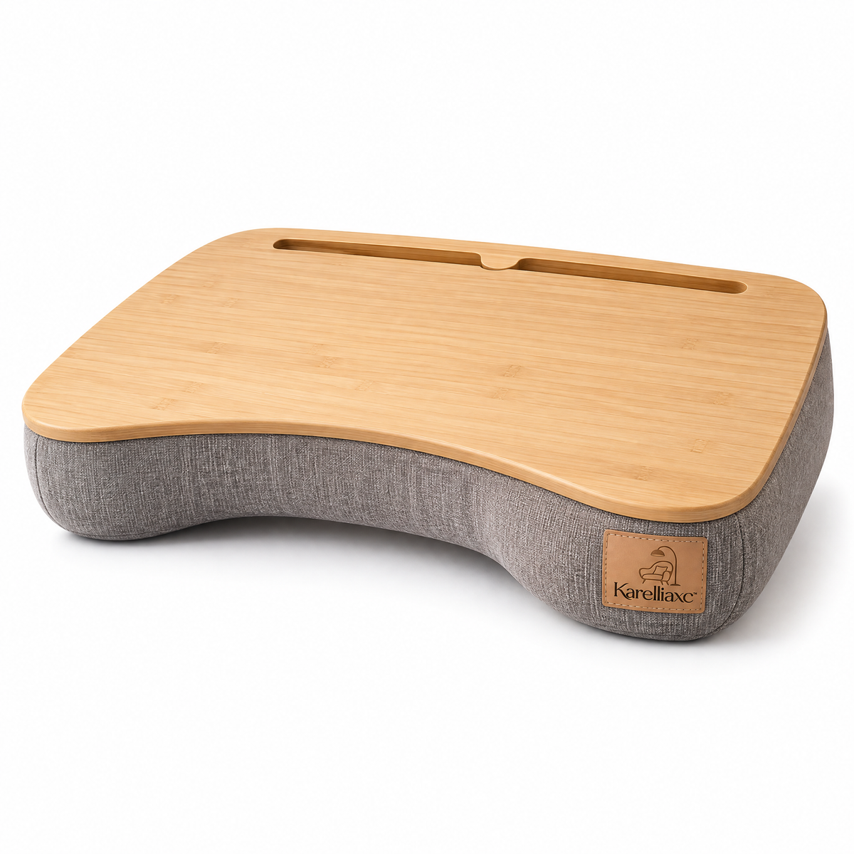 Karelliaxc™ Lap Desk for Sofa – Cushioned Laptop Tray with Bamboo-Look Work Surface, Device Slot & Ergonomic Curved Design