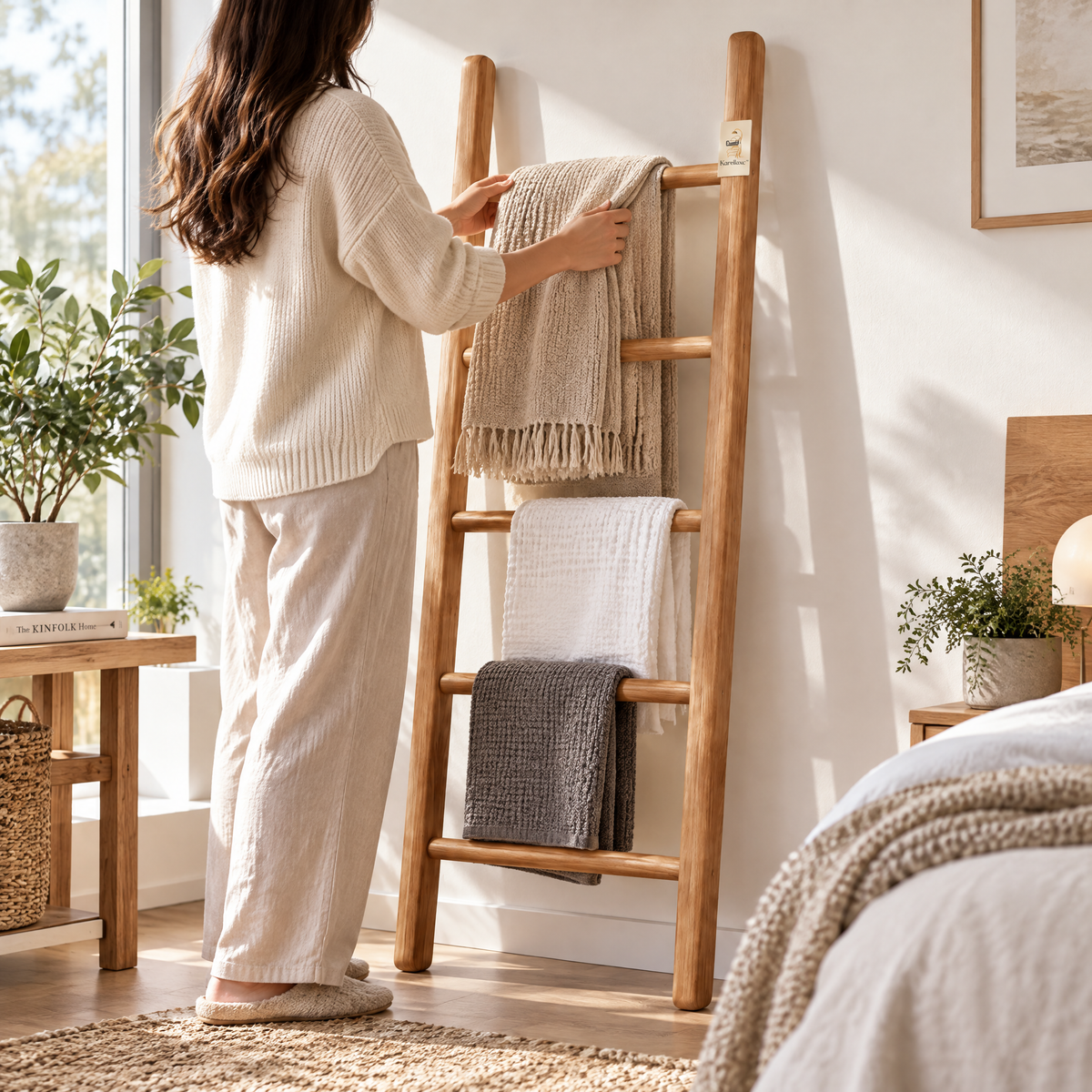 Karelliaxc™ Blanket Ladder – Decorative Wooden Leaning Ladder for Blankets, Throws, Towels & Cozy Home Display