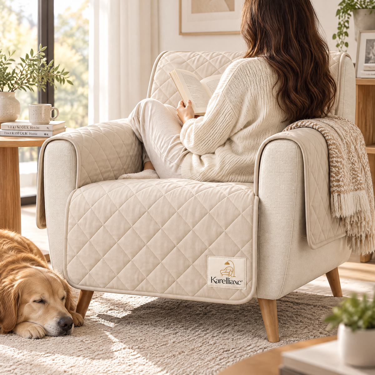 Karelliaxc™ Sofa Protective Cover – Quilted Armchair Protector with Full Seat, Backrest & Armrest Coverage