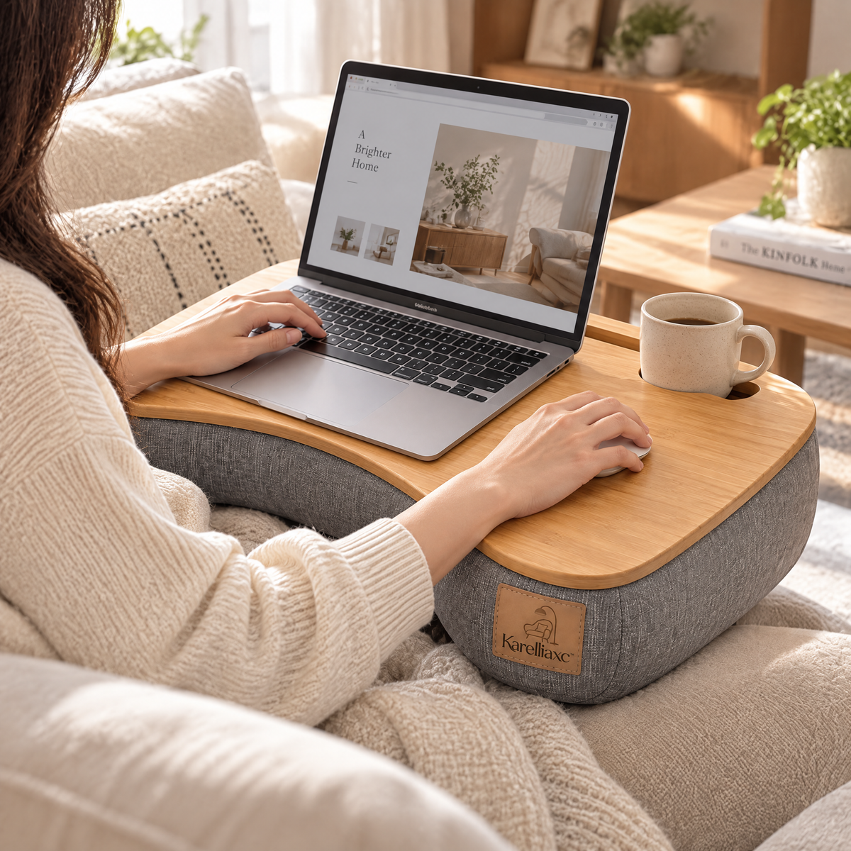 Karelliaxc™ Lap Desk for Sofa – Cushioned Laptop Tray with Bamboo-Look Work Surface, Device Slot & Ergonomic Curved Design